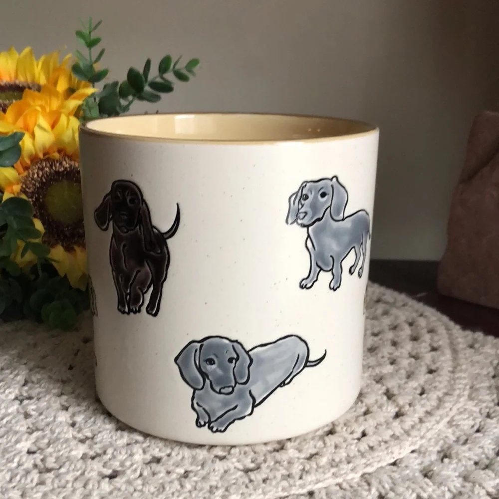 Cream Ceramic Planter Pot with Gray and Brown Dachshund Illustrations